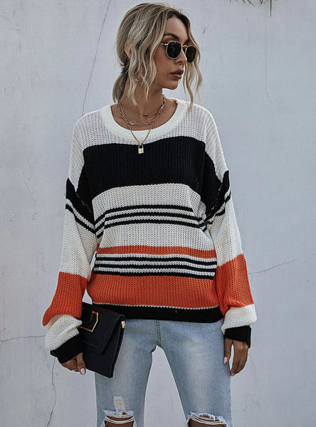 COLOR MATCHING LOOSE KNIT ROUND NECK PULLOVER