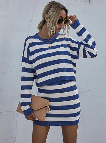 CASUAL SHORT SKIRT STRIPED SWEATER SET