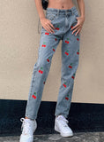 CHERRY EMBROIDERED SLIM HIGH WAIST JEANS