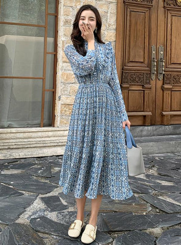 FEMALE LONG SLEEVE PRINTED CASUAL PLEATED DRESSES