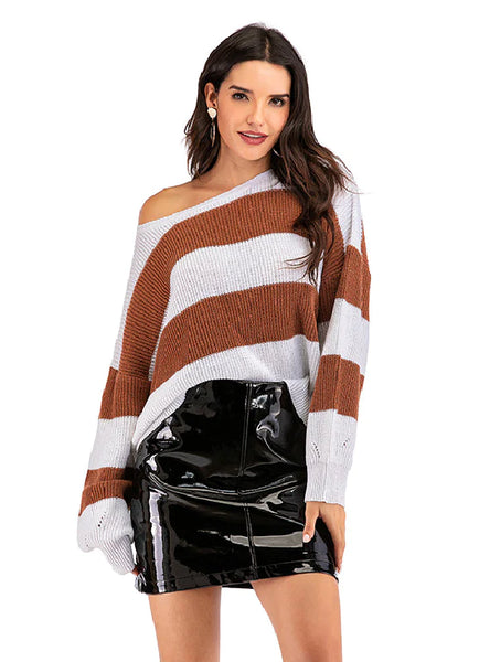 LOOSE ROUND NECK PULLOVER STRIPED CONTRAST SWEATER