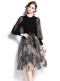 BLACK MESH STITCHING LONG SLEEVE DRESS