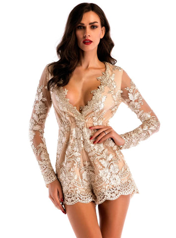 V-NECK LONG-SLEEVED GAUZE SEQUINED JUMPSUIT
