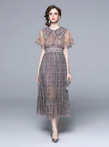 HEAVY EMBROIDERY GAUZE LACE FLOUNCES VINTAGE DRESS