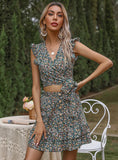 FLORAL FLOUNCE SLEEVELESS SKIRT TWO-PIECE SUIT