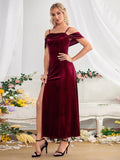 SPLIT VELVET OFF THE SHOULDER STRAPS DRESS