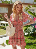 FLARED SLEEVES DEEP V-NECK BOHEMIA MINI DRESS