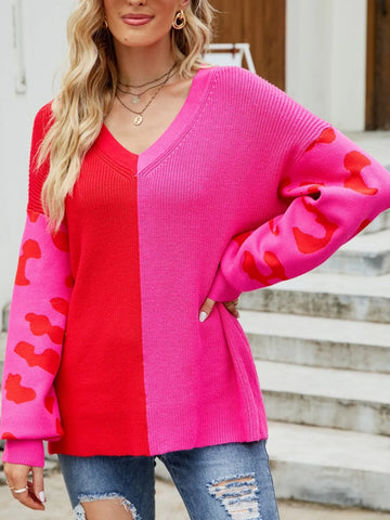 FASHION PULLOVER COLOR MATCHING SPLICING LONG SLEEVE SWEATER