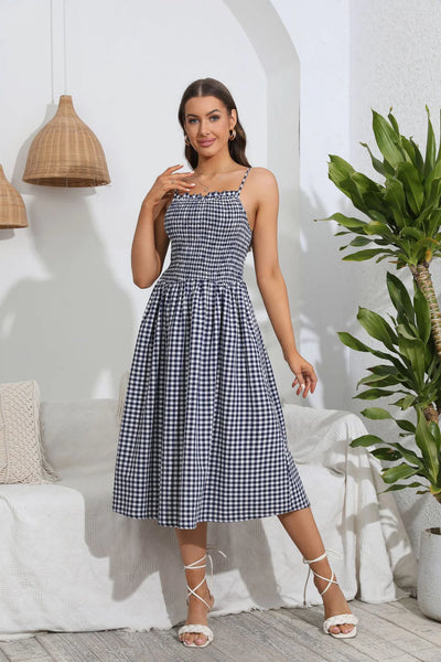 PLAID SUSPENDER CASUAL SWING DRESS