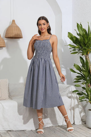 PLAID SUSPENDER CASUAL SWING DRESS