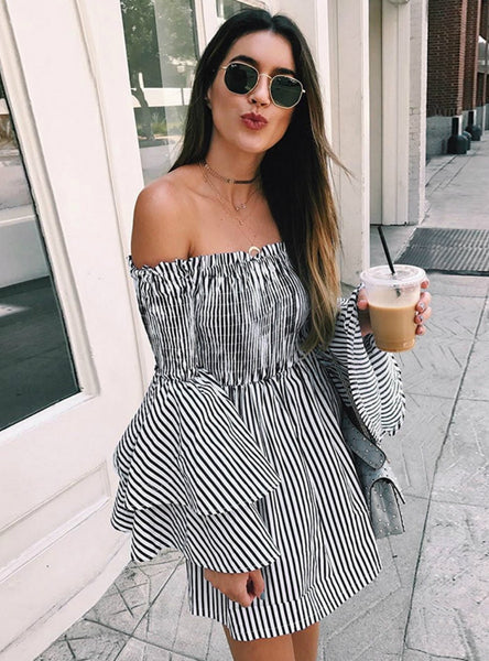 OFF SHOULDER STRIPE PARTY LADIES CASUAL DRESS LONG SLEEVE
