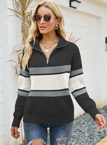 STRIPED COLOR MATCHING LONG SLEEVE ZIPPER LAPEL SWEATER