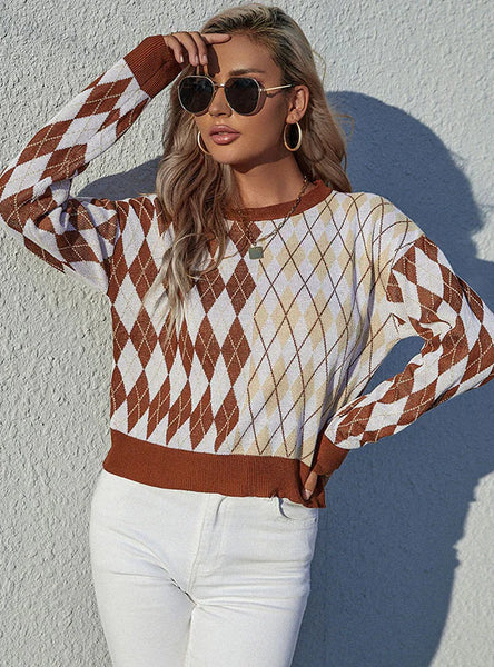 LONG-SLEEVED PULLOVER RHOMBUS SWEATER