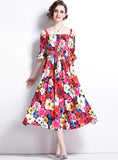 BEACH SHORT SLEEVE PRINTED ELASTIC WAIST DRESS