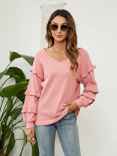 WOMEN V-NECK LANTERN SLEEVE TOP