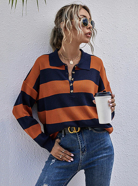 STRIPED PULLOVER BUTTON SWEATER
