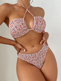 SEXY PRINT PLEATS STRAP BIKINI