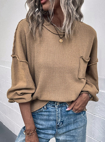 SOLID COLOR LANTERN SLEEVE POCKET SWEATER