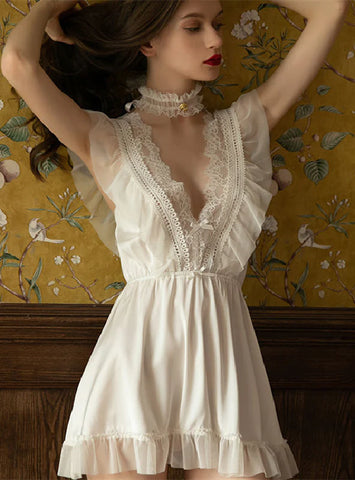 LACE STITCHING NIGHTGOWN DEEP V NECK NACKLESS PAJAMAS