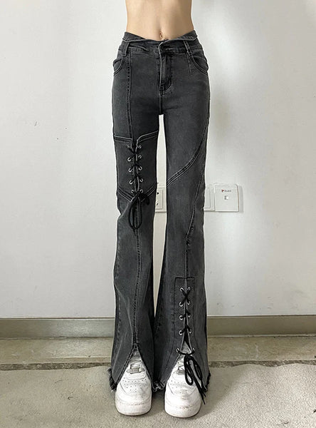 RETRO FLANGING IRREGULAR WAIST STRAP SPLIT JEANS