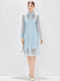 BLUE LONG SLEEVE HEAVY-DUTY LACE DRESS