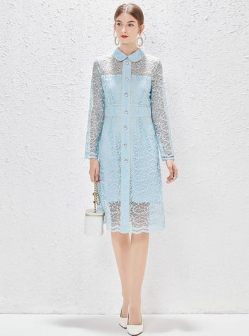 BLUE LONG SLEEVE HEAVY-DUTY LACE DRESS