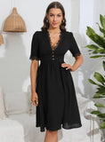 V-NECK BUTTON LACE STITCHING DRESS