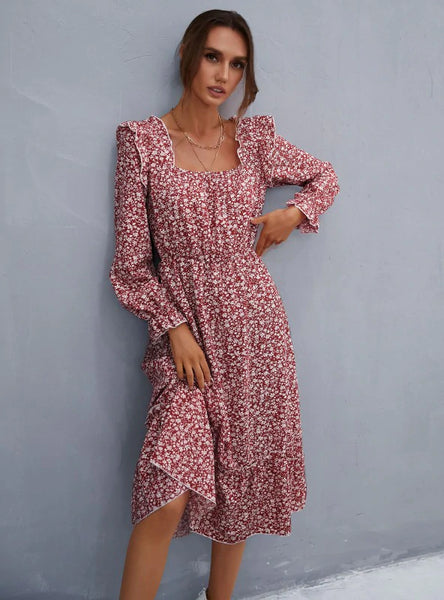 FLORAL LONG SLEEVE CHIFFON FLOUNCE DRESS