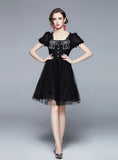 BLACK LACE EMBROIDERED BOW SHORT SLEEVE DRESS
