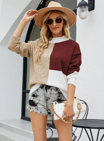 COLORED ROUND NECK TRICOLOR LOOSE PULLOVER SWEATER