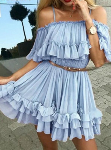 WOMEN RUFFLE OFF SHOULDER PLEATED SHORT DRESS