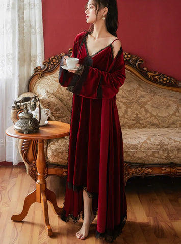 LONG-SLEEVED VELVET SEXY NIGHTGOWN FOR WOMEN