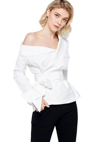WHITE WOMEN BLOUSE SKEW COLLAR LONG SLEEVE POCKETS