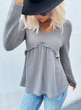 V-NECK RUFFLED STITCHING PLEATED KNITTED SWEATER