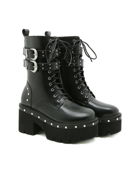 RIVET MIDDLE TUBE BELT BUCKLE THICK HEEL BOOTIE