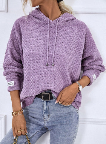 HOODED DRAWSTRING SOLID COLOR PULLOVER SWEATER