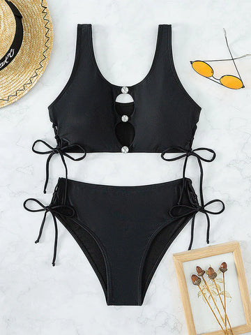 SOLID COLOR HIGH WAIST SWIMSUIT LACE-UP BIKINI