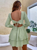 SQUARE COLLAR LONG SLEEVE RUFFLED MINI DRESS