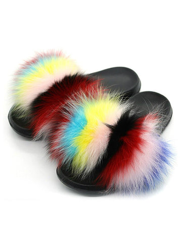 WOMEN FLUFFY FUR SLIPPERS FLAT FUR SANDALS