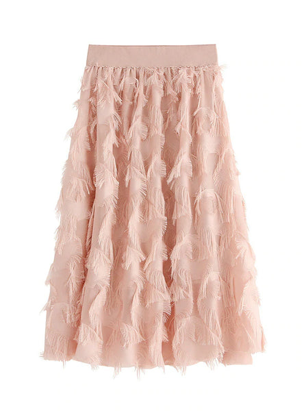 ELASTIC WAIST FEATHER FRINGED SKIRT