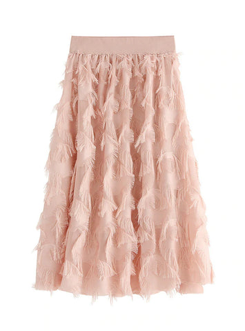 ELASTIC WAIST FEATHER FRINGED SKIRT