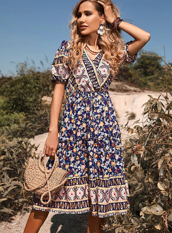 BLUE SHORT SLEEVE PRINTED V-NECK DRESS