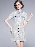 DENIM PLAID SHORT SLEEVE TWEED DRESS