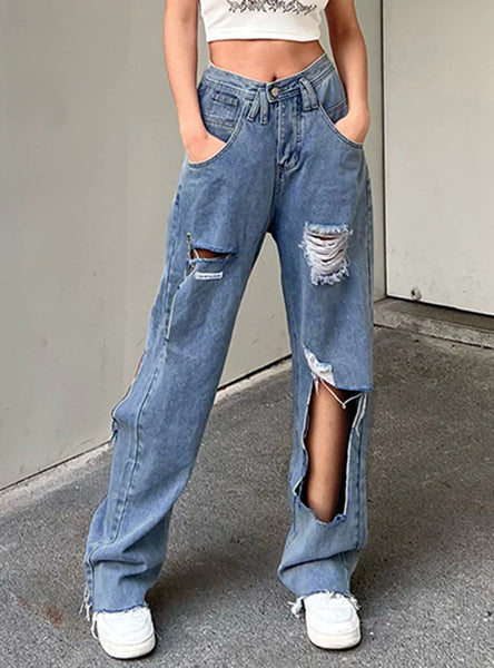 ASYMMETRIC WASHED BLUE JEANS STRAIGHT PANTS