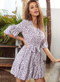 FLORAL TRUMPET SLEEVE RUFFLED STRAP DRESS