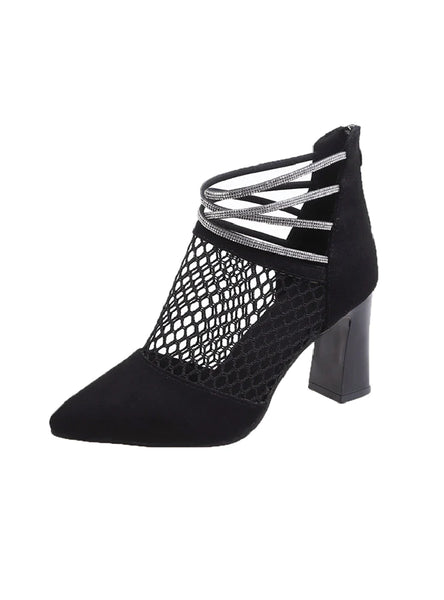 MESH POINTED THICK HEEL HOLLOW HIGH HEEL COOL BOOTS