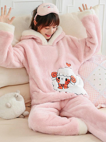 PINK SHEEP WINTER CORAL FLEECE PAJAMAS LADIES THICKENING