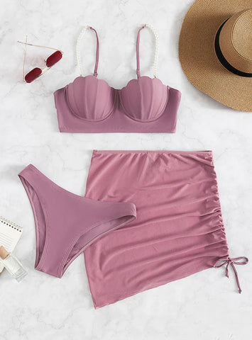 WOMEN'S THREE-PIECE SOLID COLOR BIKINI
