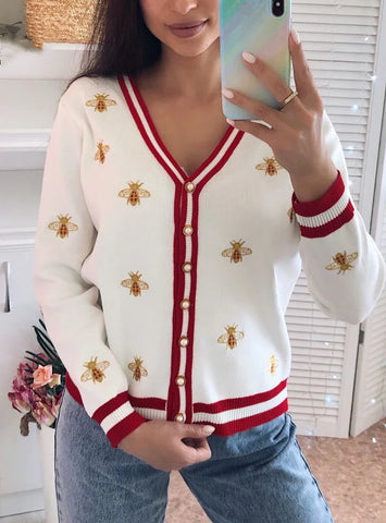 BEE EMBROIDERY CARDIGAN LONG SLEEVE BUTTON KNITTED SWEATERS