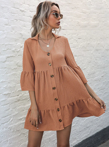 COTTON LINEN LAPEL SLEEVES DRESS